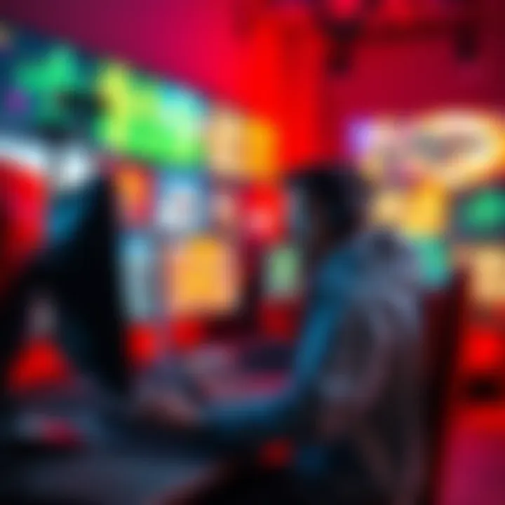 A gamer focused on aim training on a computer, with a variety of colorful gaming screens in the background