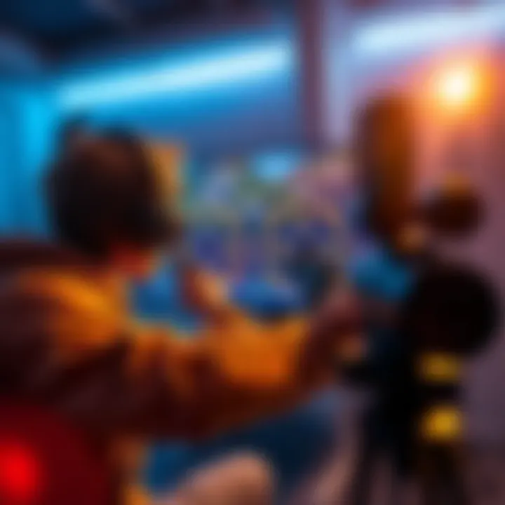 Gamer practicing aiming skills A gamer focused on improving aiming skills in a first-person shooter game, using a training tool with a monitor displaying targets, in a well-lit room.