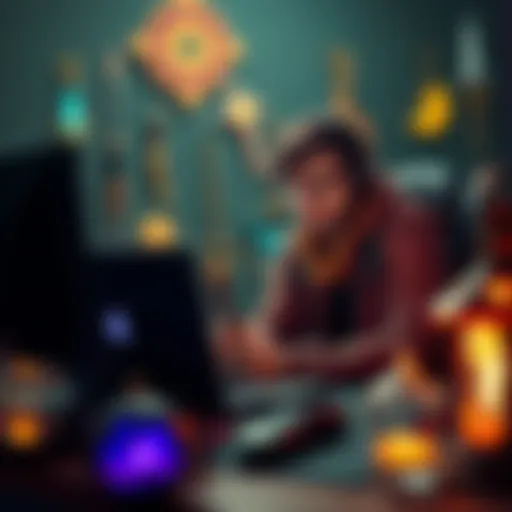 A gamer sits at a desk, examining various spells, weapons, and armor in a game, looking concerned about game balance.