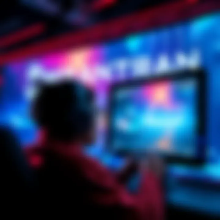 Gamer anticipating Bungie's Marathon A gamer looking at a screen with Marathon game visuals, showing excitement and curiosity about the upcoming game by Bungie.