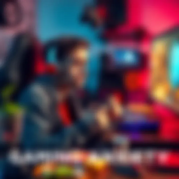 A gamer sits at their gaming setup, looking anxious with a racing heart during an intense gaming session. They are gripping a controller tightly, surrounded by gaming gear and snacks.