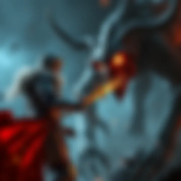 A gamer in medieval armor fighting a large cyberdemon with glowing eyes and claws in a dark, intense setting