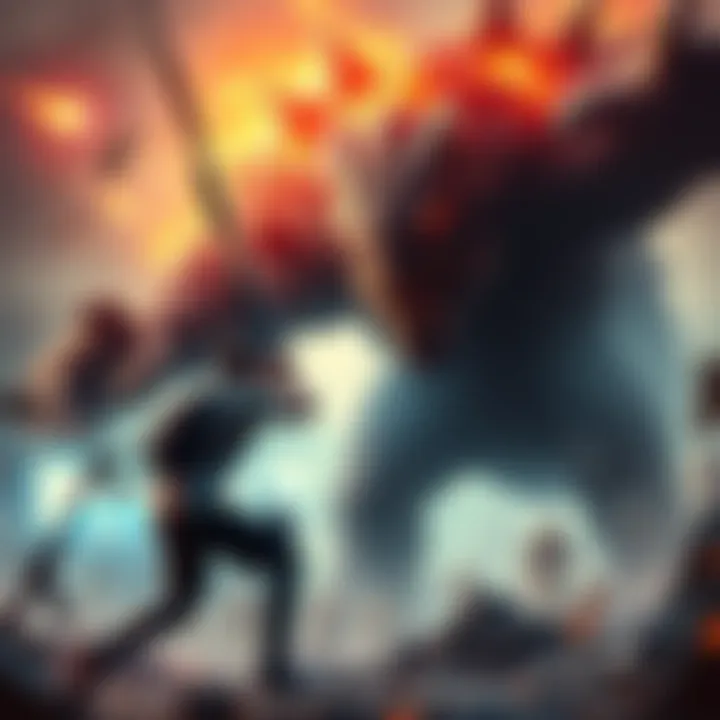 Gamer Battling Nemesis A gamer engaged in a thrilling battle with a giant monster, using various weapons and tactics in an intense game scene.