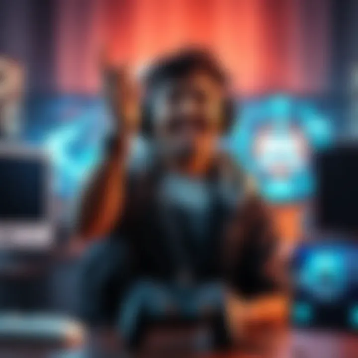 A gamer with a big smile after defeating a tough boss, surrounded by gaming gear and a victory screen showing the boss defeated.