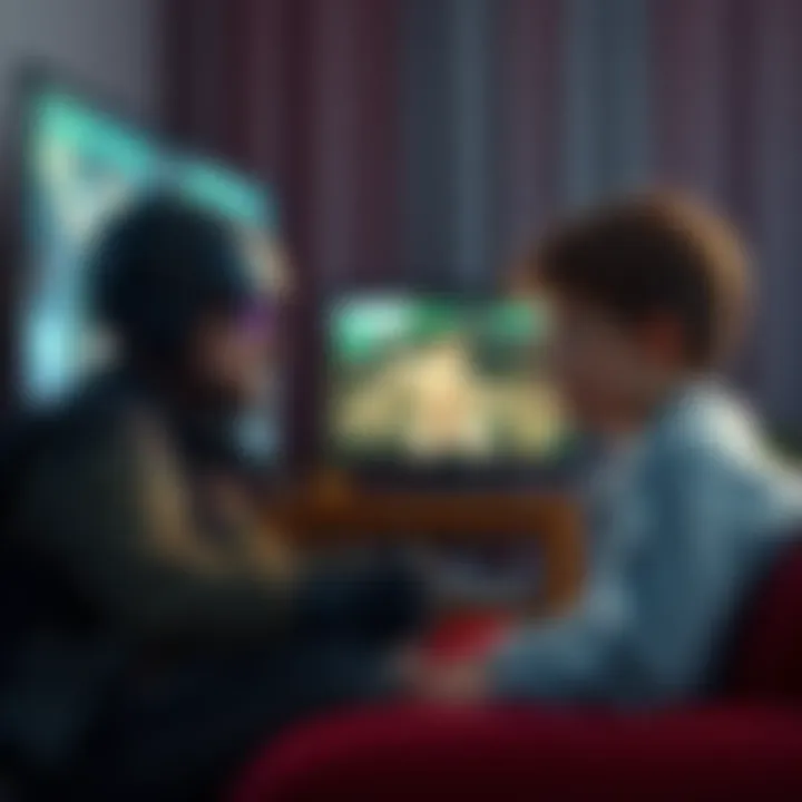 Gamer and Younger Brother Watching Gameplay A gamer sits in front of a TV, playing Metal Gear Solid 3, while his younger brother watches intently, showing a mix of curiosity and concern.