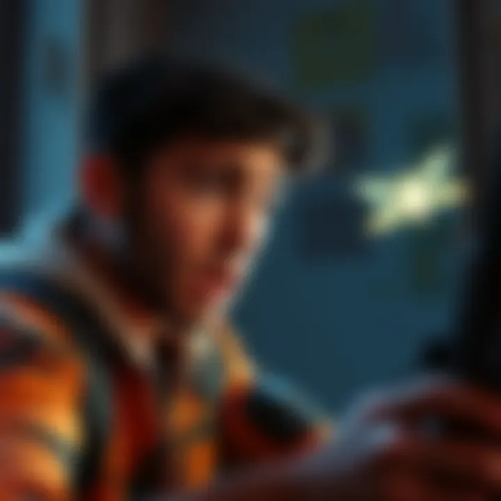 Gamer focused on guiding a glowing moth towards a door in a video game, showing signs of frustration