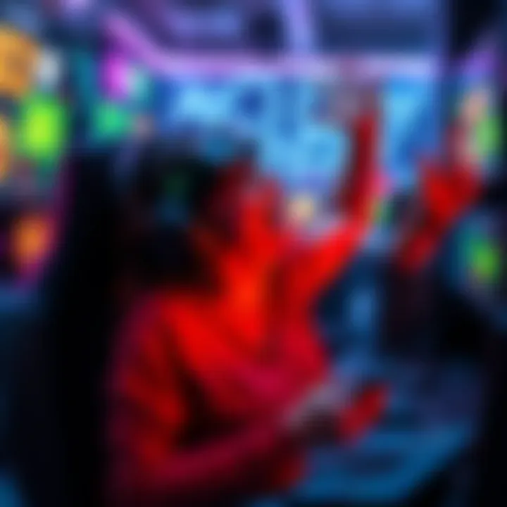 A gamer joyfully sharing her excitement after finishing the Ashtray Maze gameplay, surrounded by gaming elements and colorful graphics.