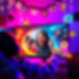 A gamer joyfully reacts to a newly released character skin on a screen, surrounded by colorful game-themed decorations.