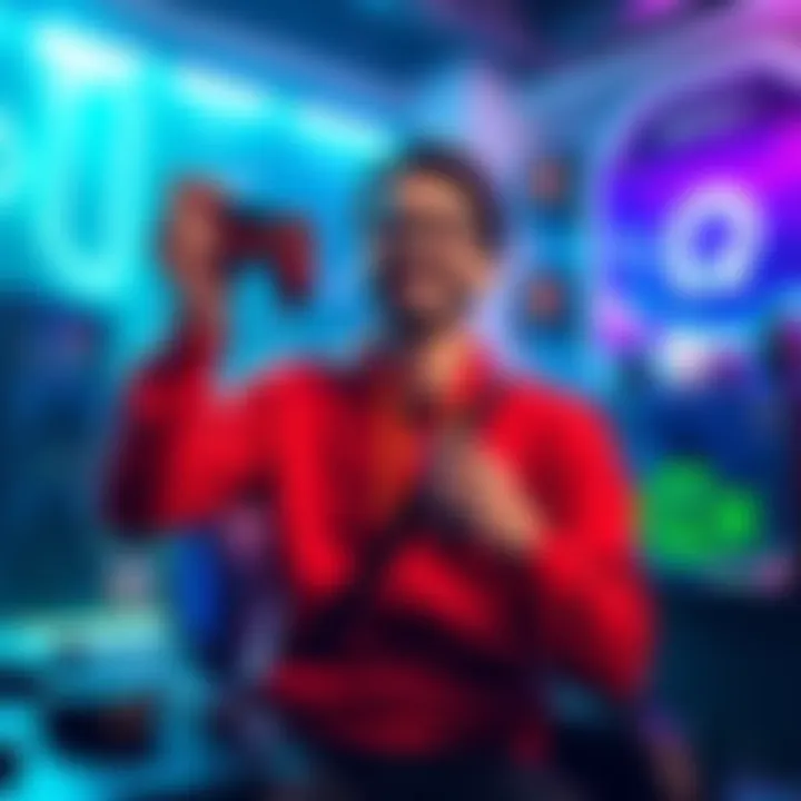 A happy gamer holding a controller, surrounded by colorful lights and gaming equipment, celebrating a lucky moment in a video game.
