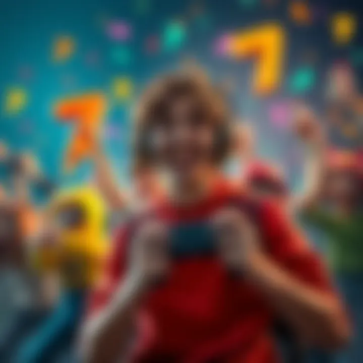 A gamer celebrating reaching level 7 A happy gamer with a controller in hand, surrounded by colorful game characters, representing the joy of reaching level 7 in a game