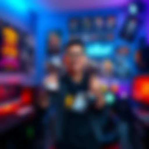 A joyful gamer holding a platinum trophy in a gaming room, surrounded by game posters and consoles.