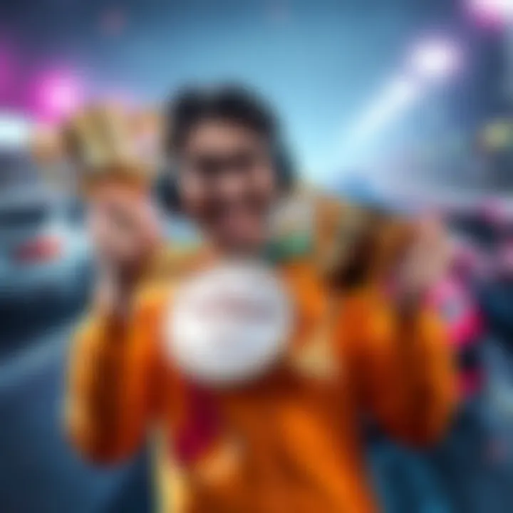 A gamer holding a trophy with a racing game background, expressing excitement after achieving a second platinum in Need For Speed Rivals.