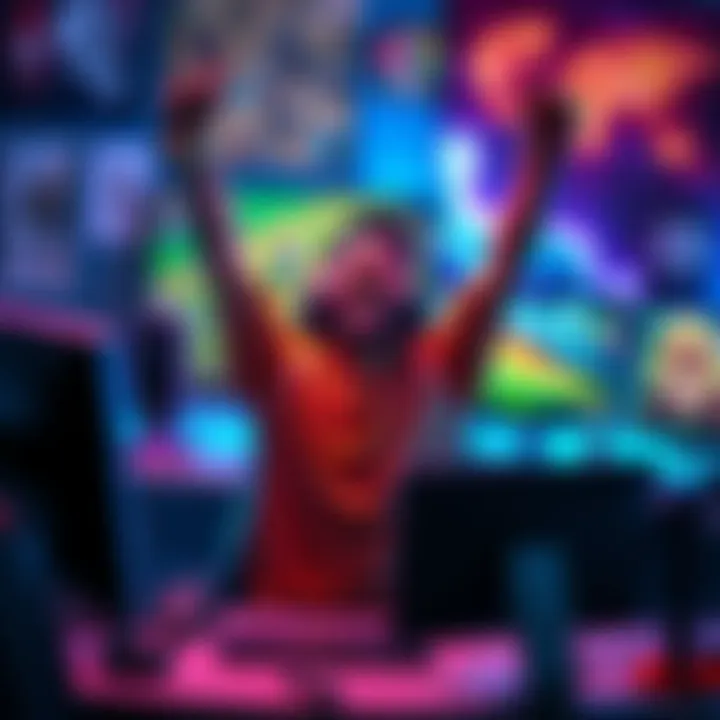 Gamer celebrating rank increase A gamer excitedly raises their arms in victory, sitting at a gaming desk with a computer screen showing a rank increase in a game. They have a focused expression, surrounded by gaming gear and colorfu...