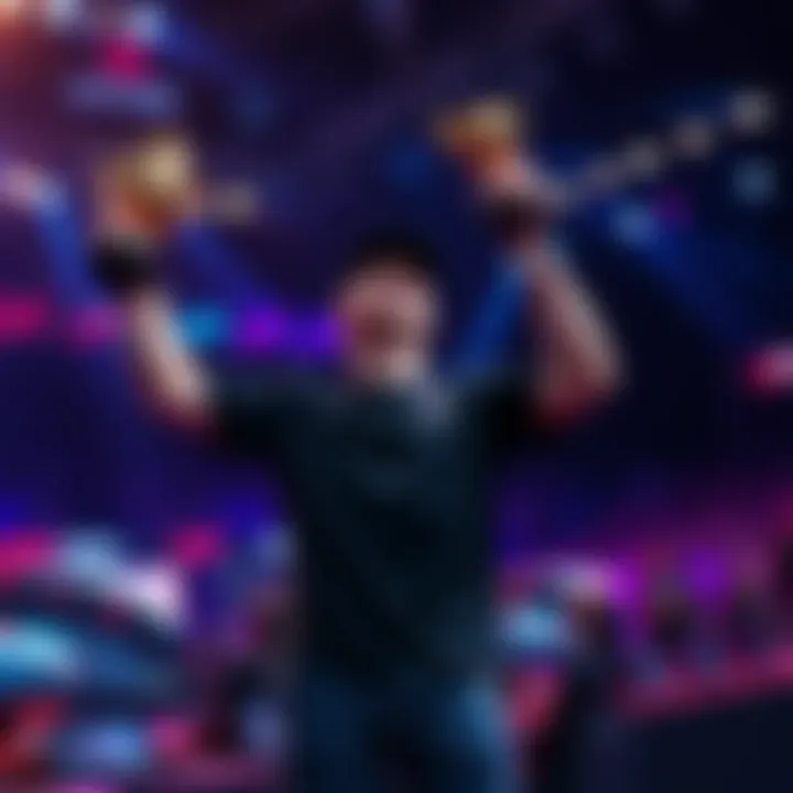 Gamer celebrating on stage with a trophy after achieving a record score in a gaming tournament