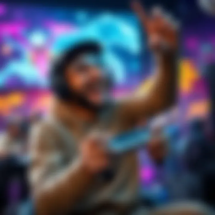 Gamer celebrating with Riven mod A happy gamer holds a gaming controller, excited after receiving a Riven mod for their weapon, surrounded by vibrant game graphics.