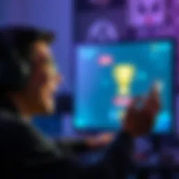 A gamer with a joyful expression looking at a screen displaying a trophy achievement in a video game, symbolizing nostalgia and community engagement in gaming.