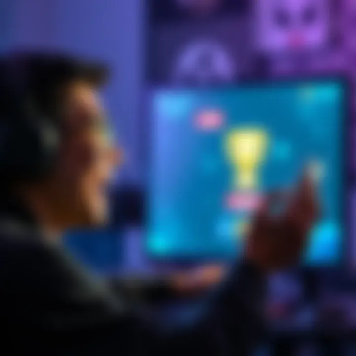 Gamer Celebrating Trophy Unlock A gamer with a joyful expression looking at a screen displaying a trophy achievement in a video game, symbolizing nostalgia and community engagement in gaming.