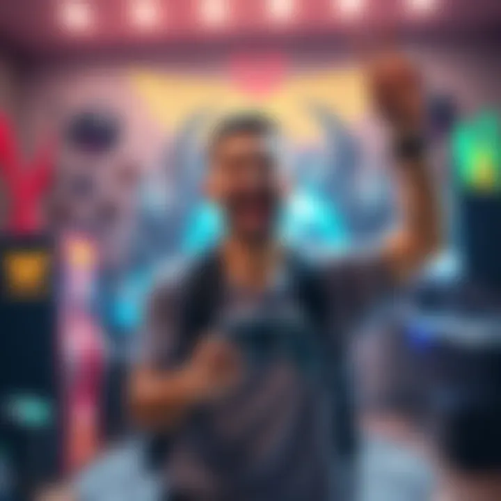 Gamer Celebrating Victory A joyful gamer holding a controller with a big smile, celebrating the defeat of a challenging boss in a video game, surrounded by gaming memorabilia.