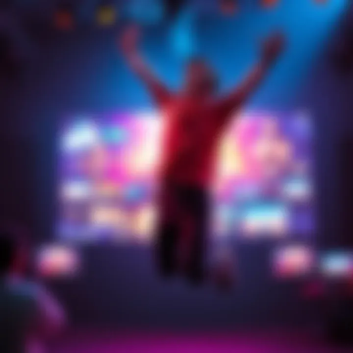 A gamer jumping in excitement after winning a challenging game, with a colorful screen showing their achievement in the background.