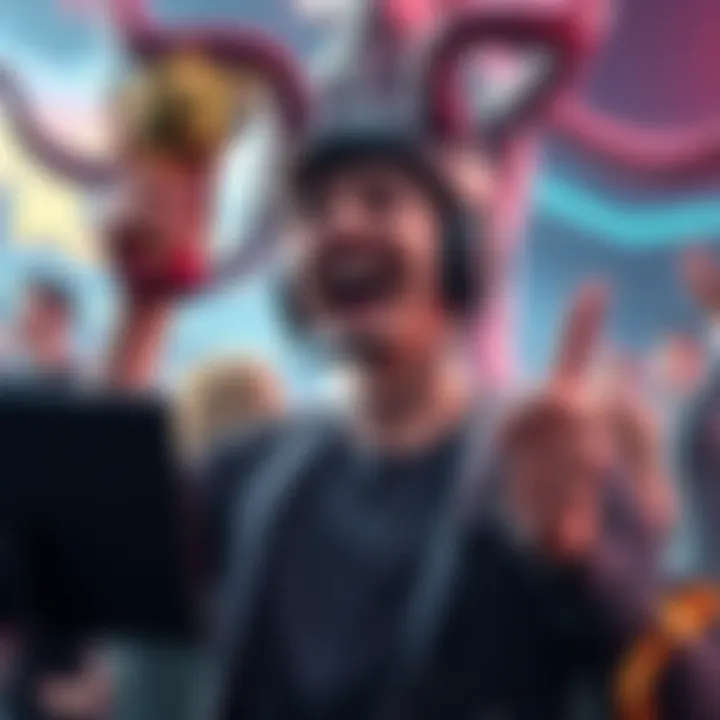 A joyful gamer celebrating after defeating Medusa, with tears of happiness and a trophy in hand.