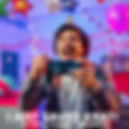 Gamer celebrating victory A excited gamer holding a controller with a big smile, surrounded by party decorations and confetti