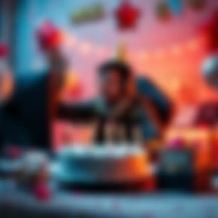 A gamer sitting in front of a computer, excited while playing Warframe, surrounded by birthday decorations and a cake, showing gratitude for the gaming community