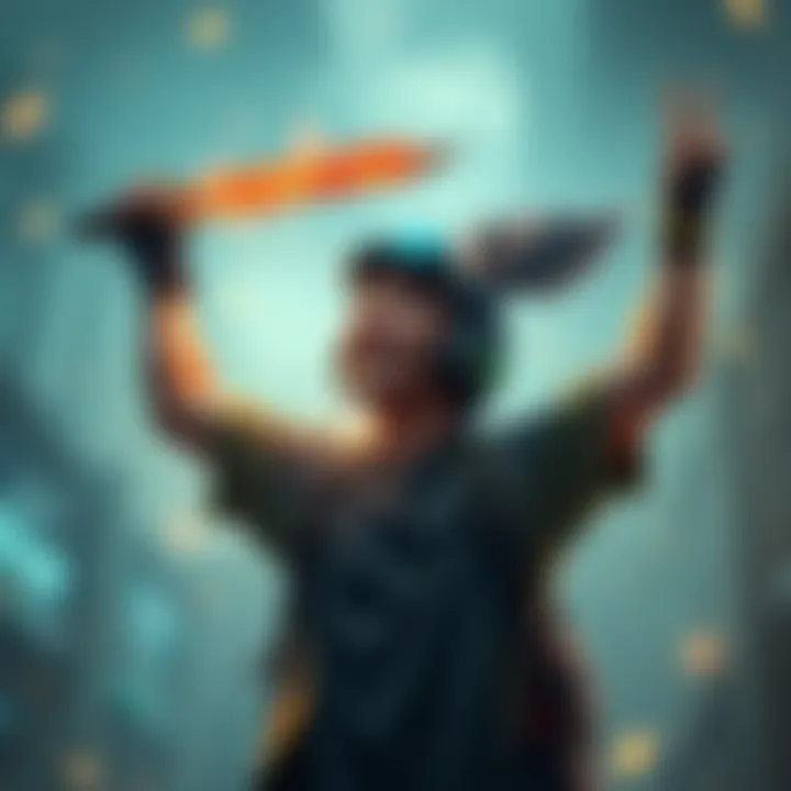 A gamer excitedly holds up a new weapon after receiving a lucky drop in a video game, symbolizing their enhanced gaming journey.