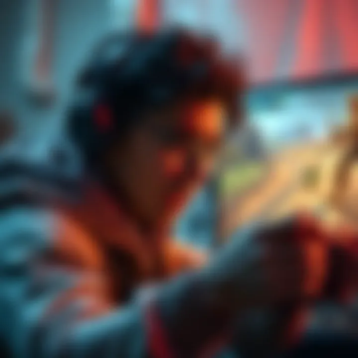 A gamer struggling with obstacles during an A rank quest, showing a focused expression while interacting with the game on a screen, with hints of frustration and determination.