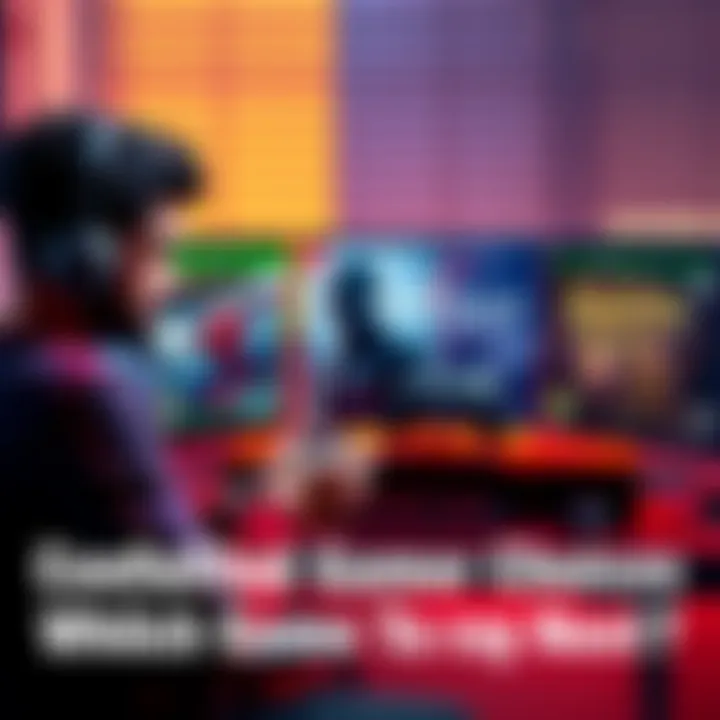 A gamer sitting at a desk looking at three game covers: Spider-Man 2, Horizon Zero Dawn, and Hogwarts Legacy, showing a frustrated expression while holding a controller.