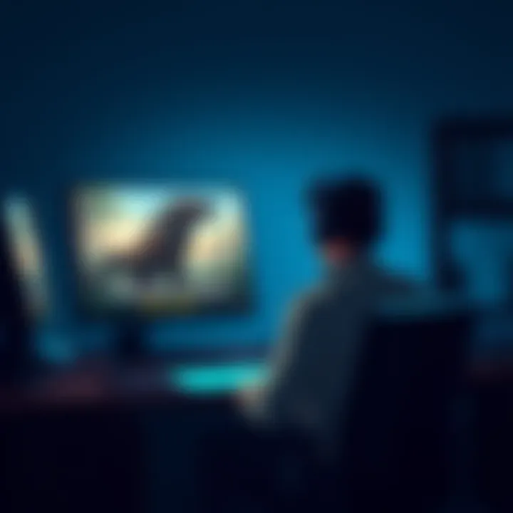 A gamer sitting at a desk looking at two game posters, one for Monster Hunter Wilds and one for Elden Ring Nightreign, contemplating which game to play next