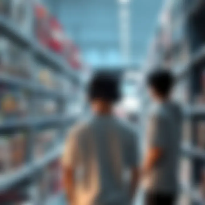 A gamer stands in front of a shelf filled with PS5 action game titles, contemplating which game to buy for a birthday gift.