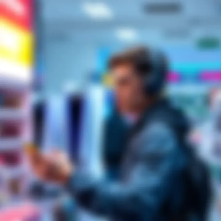 A gamer looks at a PS5 Portal and a PS5 Pro in a store, comparing features and prices