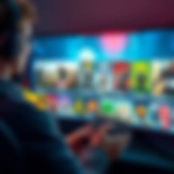 A gamer browses through a selection of story-driven video games, focusing on strong narratives, with game covers visible on screen.