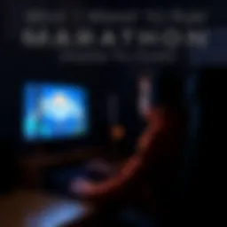 A gamer sitting in front of a computer, looking thoughtful while viewing Marathon on screen. The room is dimly lit, highlighting the game graphics.