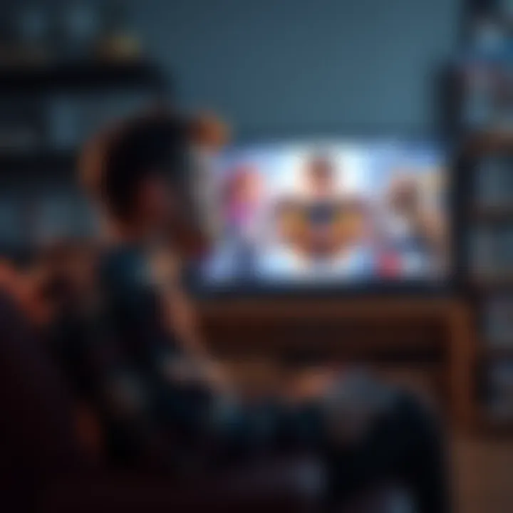 A gamer sits in front of a TV with a controller in hand, looking unsure about continuing a game, surrounded by various game cases on a shelf.