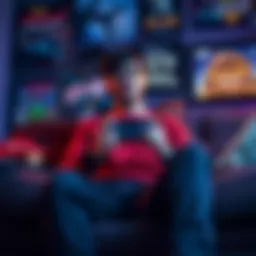 A gamer sitting on a couch, holding a game controller with a focused expression, surrounded by gaming posters and snacks, contemplating whether to play the original game after enjoying the remake.
