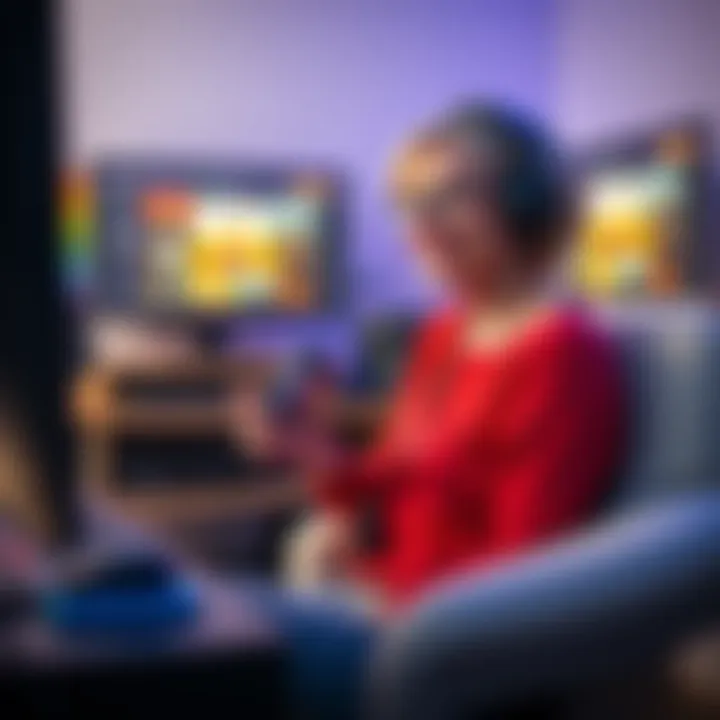 A 40-year-old female gamer sitting in front of a gaming setup, holding a controller with various game titles displayed on the screen, inviting others to join her for co-op games.