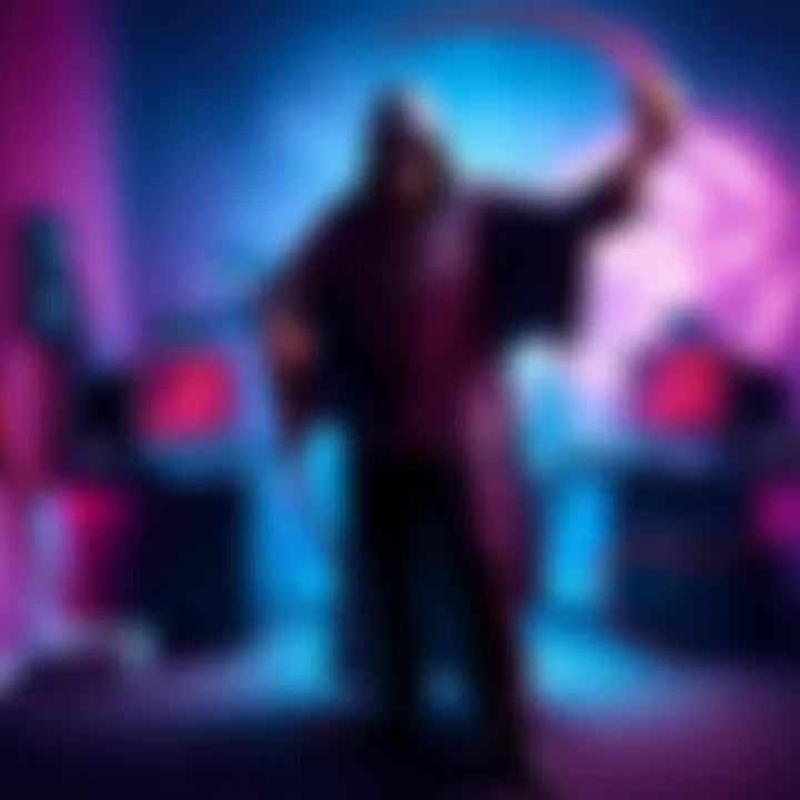 Gamer Defeats Grim Reaper A skilled gamer stands triumphantly, holding a whip, with the shadowy figure of the Grim Reaper defeated behind them. The gaming setup glows in excitement, reflecting their achievement.