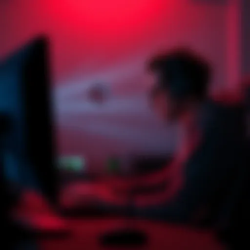 A gamer sits in front of a computer, looking frustrated after dying in a game due to desync problems, with a game scene showing a wall and a bullet hole.