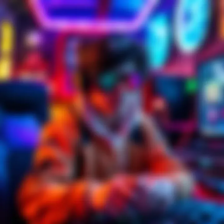 A gamer wearing stylish gaming gear, reflecting on gameplay experiences from 2026, surrounded by gaming equipment and a vibrant gaming environment