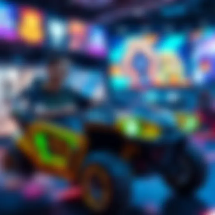Gamer Driving a Gonked Vehicle A player happily driving a uniquely designed gonked vehicle in a gaming environment, with colorful graphics in the background.