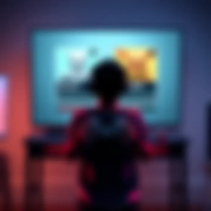 A gamer stands in front of a computer screen showing options for Snowmix and Manchild emotes, looking contemplative while holding a controller