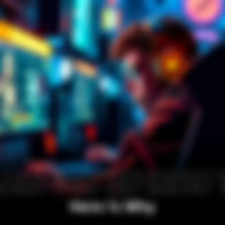 A gamer intensely focused on playing a new shooter game, surrounded by glowing screens and gaming gear.