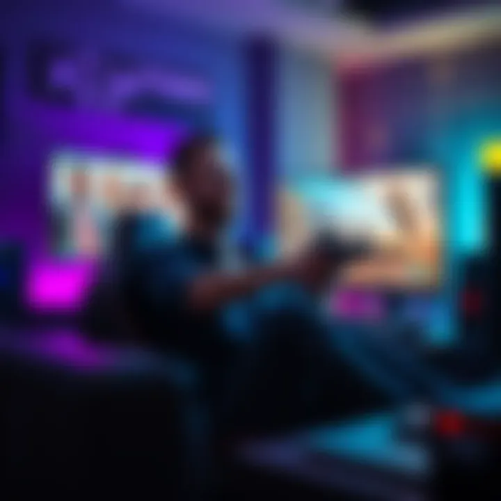 A gamer sits comfortably while playing an extraction shooter, focused on the screen with a relaxed expression. The gaming setup includes a large monitor and colorful LED lights.