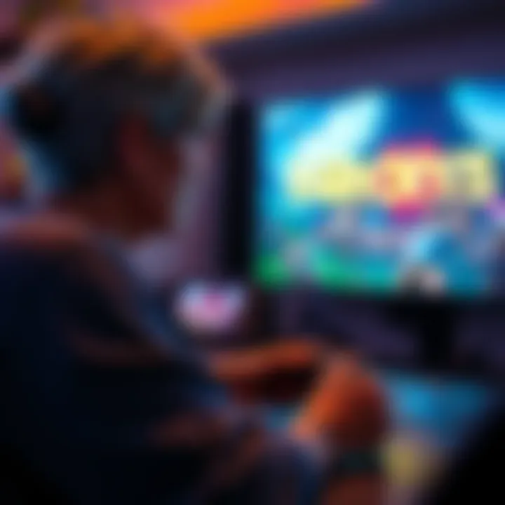 Gamer enjoying Far Cry 5 A 53-year-old woman playing Far Cry 5 on a console, focused on the screen with vibrant game graphics in the background