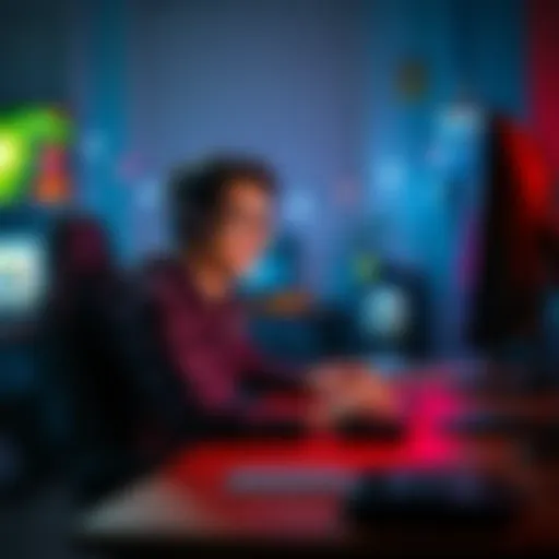 A person sitting at a desk, smiling while playing a video game on their computer without any PvP elements.