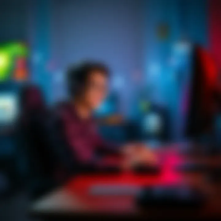 A person sitting at a desk, smiling while playing a video game on their computer without any PvP elements.