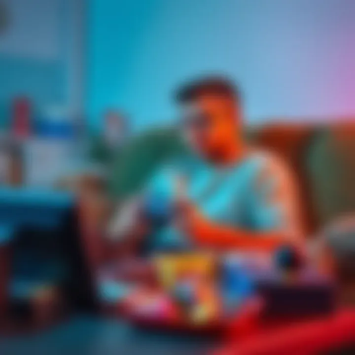 A gamer sitting on a couch, focused on playing a brief video game on a PS4, surrounded by snacks for a quick gaming session.