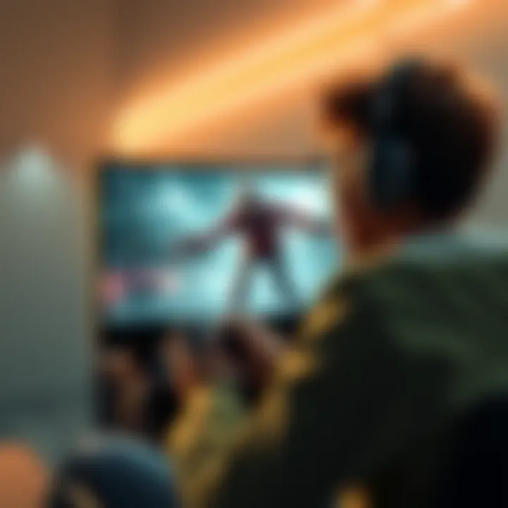 A gamer playing a zombie game, showing excitement and focus while facing a zombie on screen.
