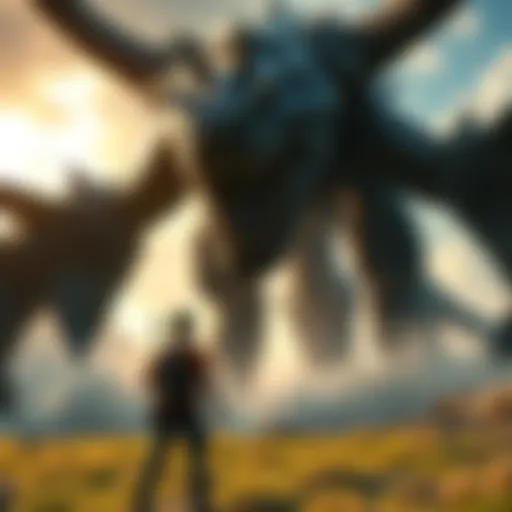 A gamer stands in awe before a giant creature in a video game, showcasing the thrill of massive battles.